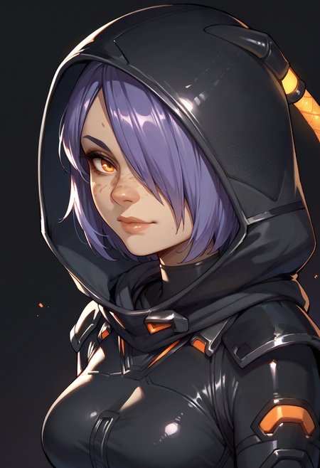 score_9,score_8_up,score_7_up,score_6_up,dark background,(portrait:1.4),close-up,bodysuit,medium breasts,hood,purple hair,short hair,orange eyes,looking at viewer,from side,hair over one eye,makeup,freckles,thick thighs,black pants,glowing,<lora:MyTrainings\Temp\Apex\Loba_Heat_Shade_Pony\v6_5e_no_trigger_word_and_added_hand_tags\Loba_Heat_Shade_Pony_ARZUMATA.safetensors:0.6>
