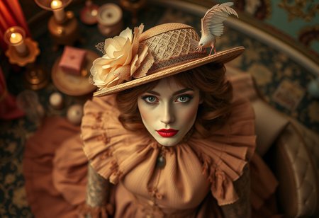 (High Angle on hat:1,5), Overhead Shots, whimsical fashion photography, dreamlike setting, surreal elements, high fashion, elaborate props, theatrical set design, romantic vintage palette, fairytale atmosphere, glamorous and bizarre, imaginative storytelling, sense of nostalgia, surreal beauty, fantasy-inspired scene, costume-focused