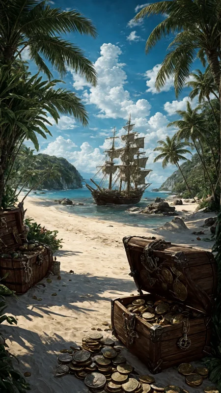 (illustration:1.2), (beautiful caribbean beach pirate landscape), sharp focus, (ultradetailed), (ship galleon:1.2), pirate (village), leafy beach coast, (treasure chest with coins, gems and jewels:1.2), rum barrel, best quality masterpiece, bright sunny sky, backlight, natural lights, high contrast, hdr, shadows, pretty, beautiful, (PirateDiffusionprt:0.5), <lora:Pirate:0.3> PrateT <lora:PirateRealms:0.3> <lora:Detail Tweaker LoRA add_detail:0.7> <lora:depth_of_field_slider_v1:5> <lora:SDXLrender_v2.0:0.8>