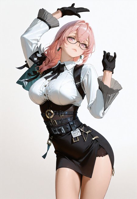 safe_pos, score_9, score_8_up, score_7_up, score_6_up, semi realistic, (au \(d elete\):1.2), 96yottea,masterpiece, best quality, very aesthetic, absurdres,  yngtskchr, large breasts, round breasts, pink eyes, glasses, under-rim eyewear, pink hair, long hair, hair between eyes, sidelocks, braided ponytail, hair ring, ring hair ornament, hair ribbon, green ribbon,shoulder armor, black neck ribbon, white dress shirt, frilled sleeves, black wrist belt, belt around waist, black belt, underbust, high-waist skirt, black skirt, id card, black gloves, black neck ribbon, white dress shirt, frilled sleeves, black wrist belt, belt around waist, black belt, underbust, high-waist skirt, black skirt, id card, black gloves, earrings,refusing pose, looking at viewer, solo, dynamic camera angle, posing, sexy pose, hands up, simple white background, 