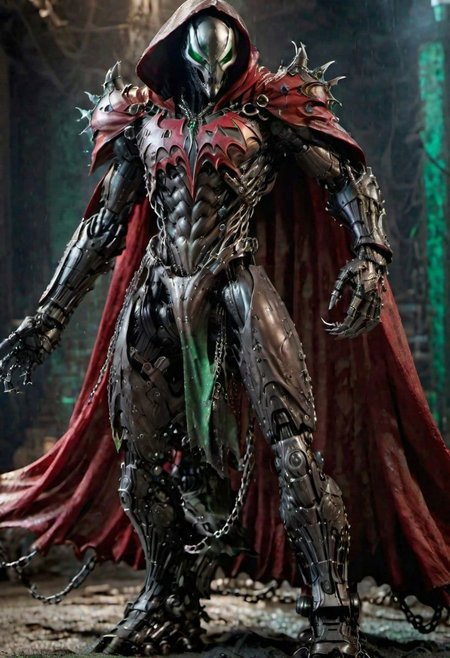 a photograph of spawn, balanced composition, made of black goo, (weathered patina:1.2), black costume, animated red cape made of liquid, "M" on chest, chains, moody lighting, cinematic, complex robot, biomechanical, hyper detailed <lora:compb0t:0.5> <lora:Spawn:0.8> comprobo, green CYBORG