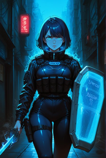 1girl, kurokawa akane, solo, general,

facing viewer, looking at viewer,

cyberpunk, katana, silver blade, holding sword, holding shield, rectangular shield, large shield, energy shield, futuristic, body armor, armor, tactical, high-tech, leather jacket, bulletproof vest, gadgets, thigh holster, serious expresion, glowing clothes, tron, retro, lights on clothing, high collar, glowing collar,

city, alley, night, evening, burning, billboards, neon lights, blue theme, buildings, streetlights, fog, smoke, dark background,

masterpiece, best quality, depth of field, highres, absurdres, newest