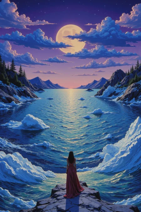 arctic ocean beautiful  landscape, dusk, woman, very intricate, very detailed, sharp, bright, colorful, <lora:Hand v2:0.5> <lora:Anti-Blur:1><lora:Insane Detail Slider:0.25>  <lora:flux.1_lora_flyway_Epic-detail_v2:0.3> <lora:fluxenhancer:0.25> <lora:90s-anime:1> retro anime, 77oussam 90s, studio ghibli style, 1990s anime
