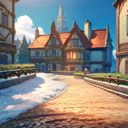 score_9, score_8_up, score_7_up, score_6_up, score_5_up, score_4_up, source_anime, official art,  <lora:mondstadt_background-ponyxl-v11h:1>, <lora:snowXLP:1>, city,  snow, outdoors, mondstadt, scenery, architecture, outdoors, building, cityscape, house, sky, blue sky, tree, plant, road, bush, railing, lamppost, It is snowy, snow on the ground, snow on the buildings,