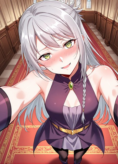 <lora:Ye_Liuli__I_am_the_Fated_Villain__Illustrious:1>
1 girl, solo, gray hair, loose hair, long hair, small braid, green eyes, small breasts
purple dress, short skirt, black tights, purple boots, sleeveless dress, bare shoulders, gold belt
score_9, score_8_up, score_7_up, score_6_up, source_anime, rating_explicit, 1girl, solo, smile, embarrassed, alcalose eyes, open mouth, mansion, indoors, looking at viewer, outstretched arms, pov, close-up, (head tilt:1.2)
