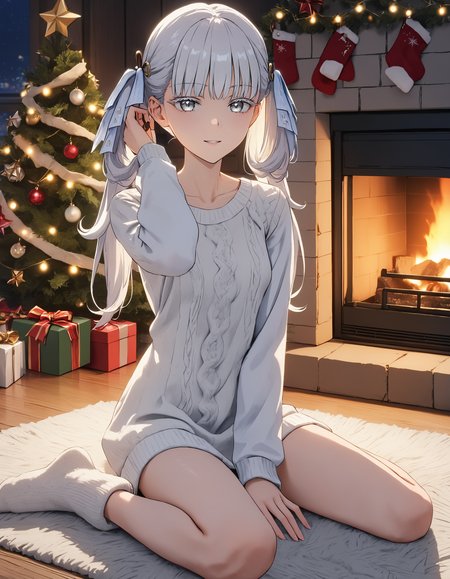 masterpiece, best quality, 8K, very aesthetic, UHD, volumetric lighting, natural lighting, highly detailed, intricate details, 1girl, casual outfit, home clothes, white oversized wool sweater, tights, wool socks, twintails, white eyelashes, white hair, white eyes, cute smile, lifelike female body, perfect female body shape, narrow waist, fixing her hair, sitting on a rug, dim light, fireplace, christmas decorations, night, cozy wooden house, <lora:Jinhsi_V1.11:0.7>