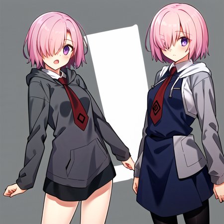 <lora:takeuchiTakashiFate_v1:0.6>, takeuchi takashi, ((masterpiece)), 1girl, (mash_kyrielight, pink hair, purple eyes, hair over one eye,  collared dress, red necktie, (gray hoodie), hood down),  <lora:mash_kyrielight:0.7>,