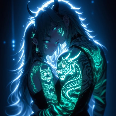 safe_pos, ((Masterpiece)), ((Tiger tattoo)), ((luminous:1.2)), (horns), ((seductive look and expression)), 1girl, tattoo, solo, glowing, looking at viewer, lovely couple in love, standing in a night club, night club