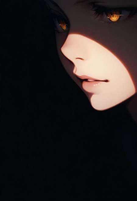 1girl, Oshino Shinobu (Monogatari), solo, dark, light, masterpiece, best quality, very aesthetic, close up,  parted lips