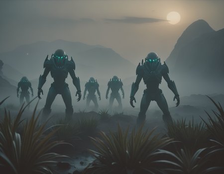 cinematic film still An epic battle unfolds on a dark, distant planet with an ominous alien presence looming in the background as settlers fight off terrifying xenomorphs amidst misty fog that adds to their fearful plight. The scene captures both paradoxical beauty of this mystical nightmare through muted colors while maintaining ultra-realistic details at 8K resolution . shallow depth of field, vignette, highly detailed, high budget, bokeh, cinemascope, moody, epic, gorgeous, film grain, grainy,
