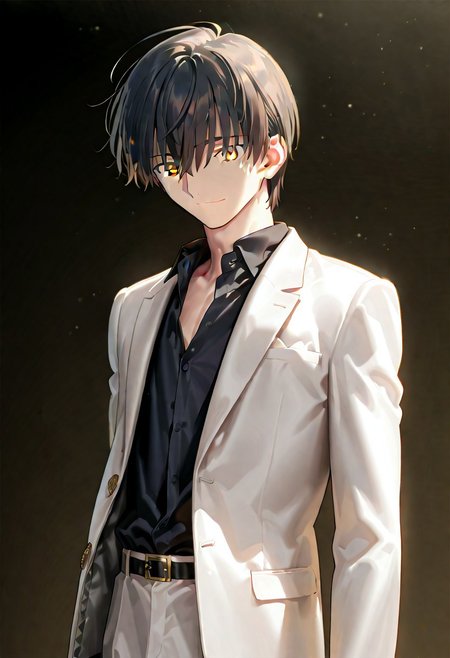 ((masterpiece, best quality, amazing quality, very aesthetic, absurdres)), 
Takeuchi takashi, ((solo)), calm, smile, closed mouth, 1boy, solo, peaceful, closed mouth, slim_build (((yagami_light face))), (((black hair, yellow eyes))), ((short hair, hair between eyes)), (((white suit, open suit, black shirt, collared shirt, black slacks))), no background, dark background, sideshot, cowboy shot, dark background, portrait,