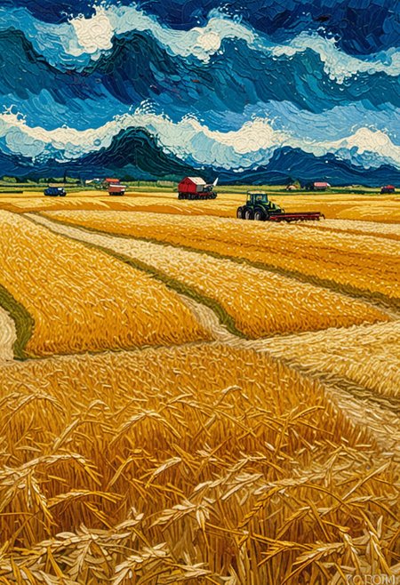 , Abstract expressionist landscape where fields of wheat transform into a turbulent ocean, straw stalks becoming cresting waves, harvest machines morphing into ships, hyper-detailed textures of grain and water, dynamic brushstrokes creating sense of motion, inspired by Van Gogh's wheat fields and Turner's seascapes, vibrant golden palette contrasting with deep blues, impasto technique visible, commentary on climate change and food security, emotional keywords: tumultuous, awe-inspiring, foreboding