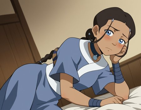 score_9, score_8_up, score_7_up, source_anime, <lora:katara-book2-ponyxl-lora-nochekaiser:1>, katara, long hair, blue eyes, brown hair, black hair, hair ornament, hairclip, braid, single braid, braided ponytail, dark skin, dark-skinned female, choker, short sleeves, robe, blue robe, sash,, indoors, bed, bed room, on side, blush, drunk, looking at viewer, solo, cowboy shot, dutch angle