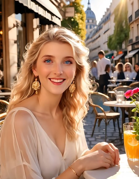 ameliagabs, In a bustling, sunlit Parisian café, Amelia Gabs, a radiant woman with cascading blonde hair and captivating blue eyes, is elegantly seated at an outdoor table. Her demeanor exudes serene joy as she glances over her shoulder, catching the camera's eye, revealing a dazzling smile adorned with sparkling earrings. The warm sunlight casts a golden glow upon her, highlighting her delicate features against the vibrant backdrop of the city's iconic architecture and colorful flower-filled tables.