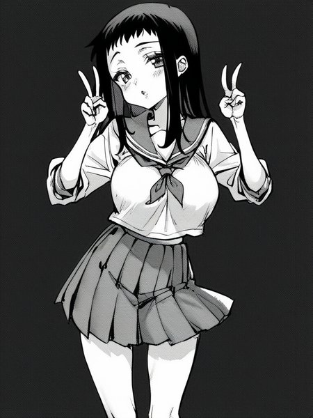 score_9, score_8_up, score_7_up,  
1girl, monochrome, nikenya risa, black hair, long hair, large breasts,

standing, black background, double v, parted lips, looking at viewer, serafuku, pleated skirt, bare legs, 
