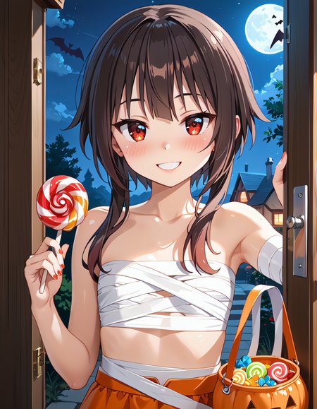 score_9, score_8_up, score_7_up, BREAK masterpiece, absurdres, petite, small breasts, petite body, close up, expressive eyes, blushing, perfect body, smooth, soft skin, glossy skin, shiny skin, vibrant colors, ((evil smile, in love, heavy blush)), <lora:add_detail:0.3>, <lora:beautiful_detailed_eyes:0.5>, 
(perfect scenery), natural shadows, dramatic shading, dramatic lighting, bioluminescence, (warm colors), (cool colors), good anatomy, 
extremely_delicate_body, correct_anatomy, feminine_expression,radiant_beauty, 1girl, flat chest, tiny tits[soft_skin]
[scene, warm, night, halloween]
(cool colors), solo, 1girl, mummy cosplay, bandaged body, bandaged breasts, bandaged tightly, Mummy Costume, holding a candy bag, the girl stands in front of the door of a house to ask for candy on halloween night, megumin, short hair, black hair, red eyes, short hair with long locks, <lora:743ab114-2dc7-4a68-a995-0d3c9dc174a0:0.7>, <lora:1b1c37cc-dc95-4d47-a7f9-53ae810a6c11:0.7>, <lora:cefaa866-a58e-40ba-a219-79ab392f7d60:0.7>, <lora:feaae941-952f-4128-aec3-6e6960bf7457:0.7>