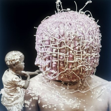 a cinematic still color photograph, from the dream of an android-human-replica, who working tirelessly ,creates a machine that makes copies of human dreams, bio-computer configured with biologically plausible biogenic circuits, brazilian tropicalia retrofuturism,
cursed image, thinking plague