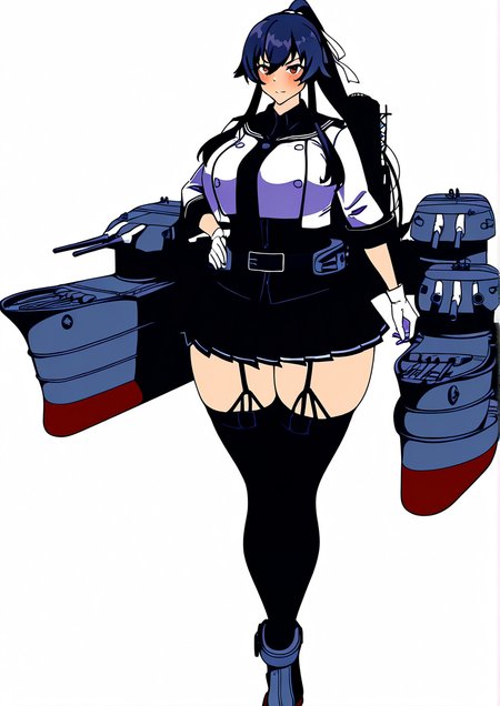 <lora:sinori0506:1>,1girl, yahagi (kancolle), yahagi kai ni (kancolle), detailed background, huge breasts, wide hips, belt, black belt, black hair, black sailor collar, black shirt, black skirt, black thighhighs, buttons, closed mouth, collared shirt, cropped jacket, full body, gloves, hair between eyes, jacket, long hair, long sleeves, machinery, pleated skirt, ponytail, red eyes, rigging, rudder footwear, sailor collar, shirt, skirt, solo, thighhighs, transparent background, turret, very long hair, white gloves, white jacket, 
very awa, masterpiece, best quality, highres, absurdes,amazing quality,year 2024,newest