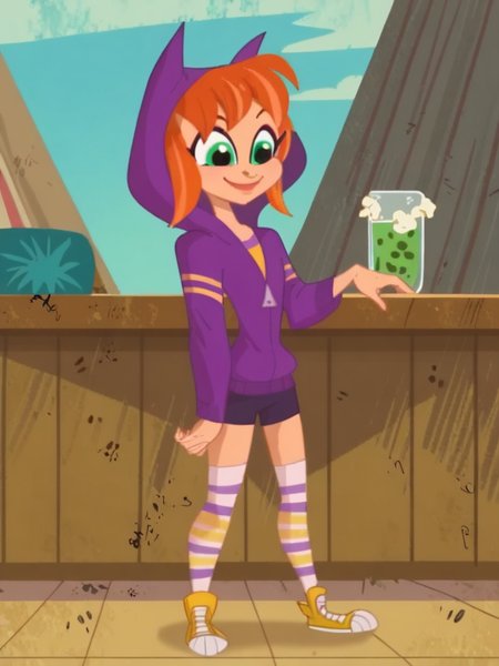 score_9, score_8_up, score_7_up, score_6_up, score_5_up,
bat girl, green eyes, hood up, purple hoodie, short hair, bangs, red hair, short shorts, black shorts, striped thighhighs, purple footwear
, 1girl, solo, facing viewer, small smile, full body
 <lora:mrsmiles:1> mrsmiles <lora:Bat_Girl_-_DC_Super_Hero_Girls:0.9>