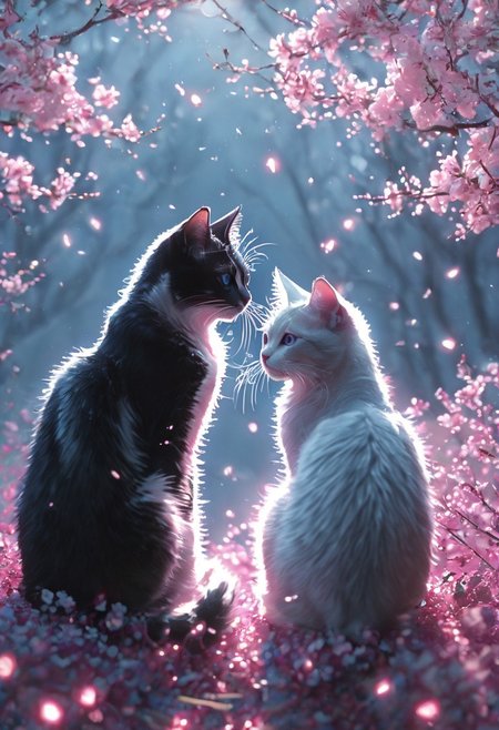 A monochromatic, black-and-white photograph of two cats sitting on a tree branch, facing each other in an intimate and harmonious pose. The left cat is black, while the right cat is white, creating a striking contrast. They are surrounded by delicate, blooming branches with small flowers, adding a serene and romantic atmosphere. The background is softly blurred, focusing the viewer's attention on the cats and their interaction. The lighting is soft, emphasizing the texture of their fur and the gentle ambiance of the scene.
<lora:Anime v1.3:1.2> <lora:Blue_Future:0.9> <lora:Ethereal Brush Anime v2.0:0.6> <lora:It's a LoRA for portraits, BUT! actually specialized in backgrounds. v1.0:0.2>,pink heart in front of them,  white sphere on the background, ethereal glowing swirls, mystical light particles, dreamy atmosphere, vibrant neon mist, twilight city street, hyper-detailed fabric texture, soft illuminated fog, cinematic soft lighting, glowing blue and magenta hues, fantasy realism, enchanted night