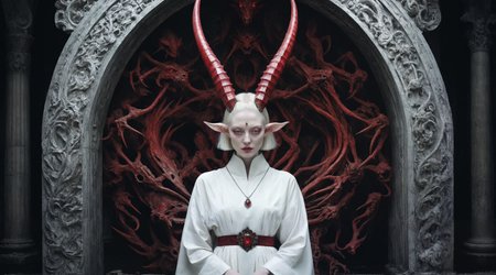 <lora:SDXL_cinematic_Sa_May:0.8> cinematic <lora:pale_demon:1.0:lbw=MIDD> (full body lithe, very pale detailed skin demon woman fairy, horns:1.2), (smooth red crystal symmetrical demon horns, short bob hair, detailed blushing albino skin:1.35), (wearing detailed elegant ancient embroidered ceremonial robes, pendant:1.2), (large round detailed white eyes, long eyelashes:1.22), (ruby earrings, extravagant jewelry:1.1), (eye highlights:1.1),
BREAK (in an abandoned palace ruin:1.2), [freckles : blush:0.5], intricate detail, (eye highlights:1.1), (sharp focus:1.2), portrait by [jean delville : gustave dore : iris van herpen : marco mazzoni: H. R. Giger:0.25]