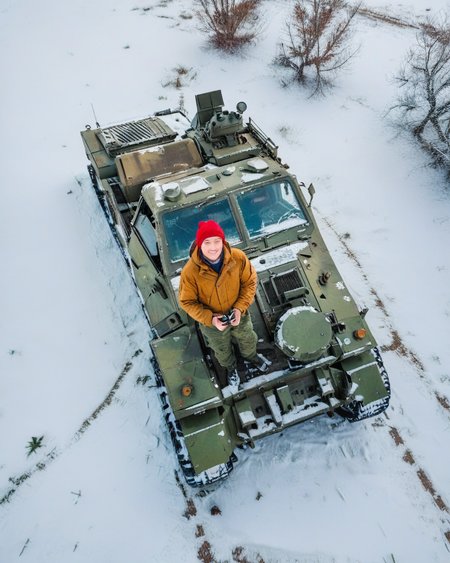 vertical perspective aerial photography,highres,clear face, realistic,in winter,lying up on top of abandoned military vehicles to take selfies,