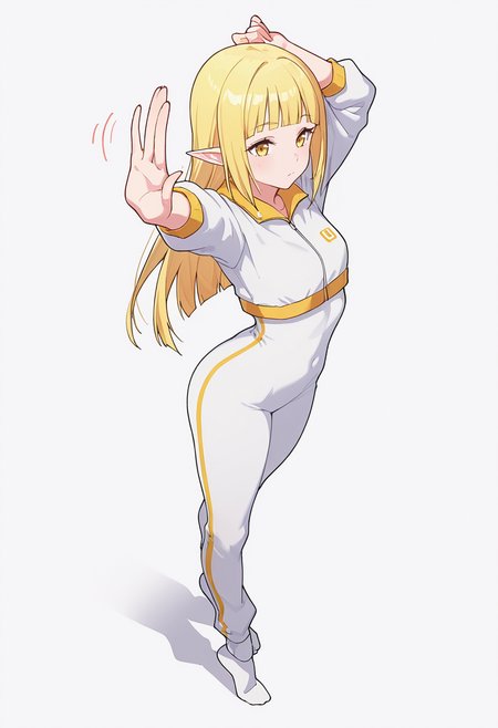 Smooth Quality,masterpiece,very intricate, high quality details, ultra realistic, high detailed skin,detailed enviorement,absurdres,
stop (gesture),solo,
 <lora:Rune_Noma_CNR:0.8> rune_cnr, pointy ears, blonde hair, long hair, yellow eyes, blunt bangs, elf,, simple background, white background, from above,
stretching pose, arms raised above head, one foot on tiptoe, slight back arch, elegant silhouette,  ,, =v=,, unitard,  ,windbreaker,  ,harem pants,  ,
