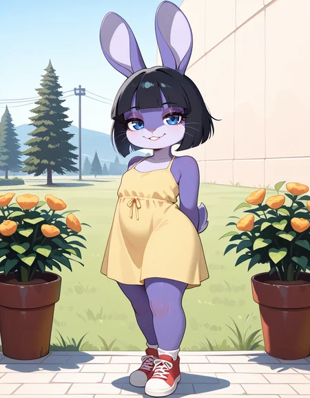 masterpiece, best quality, very aesthetic, absurdres,
outdoors, casual, 
full body, posing, 
seductive smile, parted lips, long eyelashes,
 <lora:Marlenne_v02_NAIXL:1>
m4rl3nn3,1girl,solo,furry,furry female,rabbit girl,black hair,short hair,blunt bangs,rabbit ears,blue eyes,animal nose,whiskers,body fur,purple fur,rabbit tail,