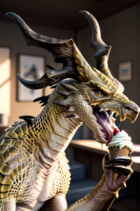 source_furry, score_9, score_8_up, score_7_up, (wyvern_xv, wyvern, feral), scalie, yellow scales, detailed scales, horns, black eyes, detailed eyes, claws, tail, winged arms, <lora:FF_Wyvern08:0.8>, indoors, living room, look at viewer, looking happy, open mouth, tongue out, holding ice cream cone, (licking ice cream cone), saliva, zPDXL2, zPDXLpg, zPDXLrl, shaded, best quality, highly detailed, extreme detail, photorealistic