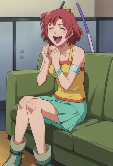 score_9,score_8_up,score_7_up,anime coloring BREAK source_anime,anime,<lora:Leena_Toros_Pony:0.8>,leena,1girl,solo,red hair,short hair,hair ornament,bracelet,jewelry,armband,yellow shirt,bare shoulders,green skirt,boots,arm support,laughing,sitting,indoors,couch,