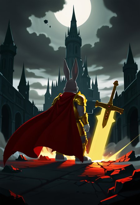 masterpiece, best quality, no humans,   zzBigChungus, ornate golden armor, oversized sword, flowing cape, battlefield, destroyed castle, stormy sky, floating rocks, glowing cracks in ground, dramatic lighting â Big Chungus towers above the ruins, his golden armor catching the lightning overhead as he hefts a sword larger than himself. A crimson cape billows behind him, torn at the edges from countless battles. Craters surround him like war medals, the scorched earth humming with residual energy from his last swing.   ,<lora:BigChungusIXL:1.0>,