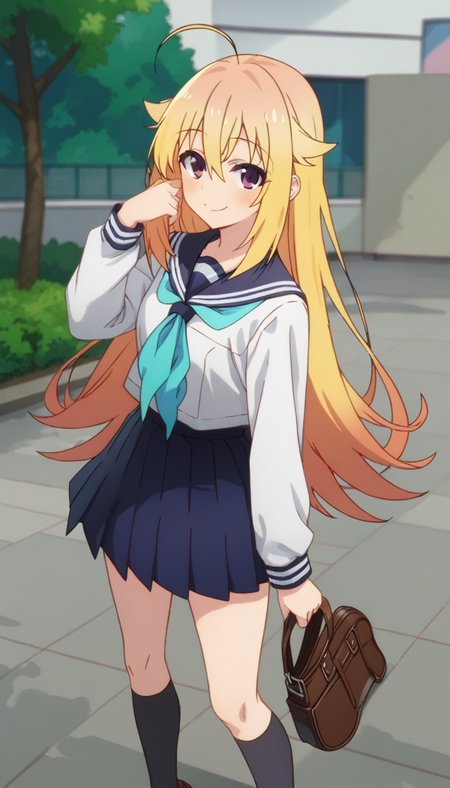 score_9,score_8_up,score_7_up,score_6_up BREAK official art,solo,outdoors,cowboy shot,looking at viewer,facing viewer,smile,blush,Koshi Torako,ahoge,very long hair,blonde hair,hair flaps,sidelocks,hair between eyes,bangs,purple eyes,school uniform,blue sailor collar,blue neckerchief,white shirt,long sleeves,blue skirt,pleated skirt,black socks,loafers,brown footwear,<lora:Koshi Torako(snk)-Pony:1.6>,