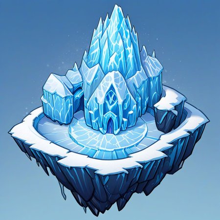 matchcraft floating island, game asset, 2d, digital painting, outline style, comic book style, fine lines, best quality, image posterization, simple details, clear white background, fantasy floating island, ice biome, frozen island, building on island, covered by snow