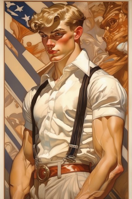 <lora:J.C. Leyendecker Style:1>J.C. Leyendecker Style - handsome young muscular man, in the style of J.C.Leyendecker