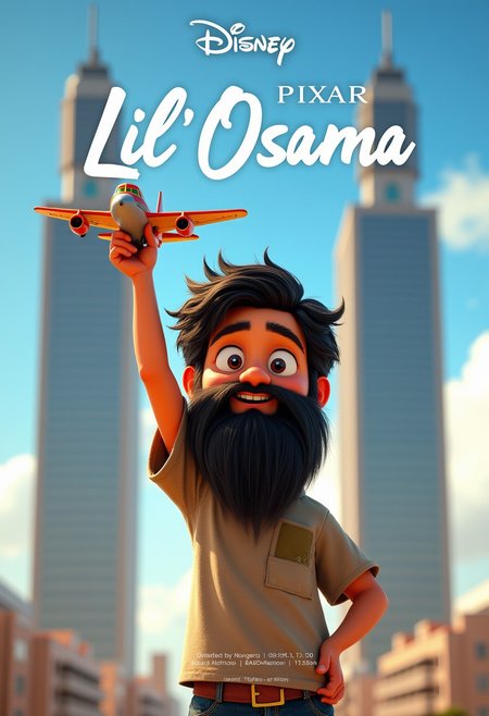 A Disney pixar movie poster, featuring a young boy with a very long ZZtop beard, holding a toy airplane with one hand in the air, two identical flat-roofed business towers in the background, the movie title at the top says "Lil' Osama", text at the bottom saying "in theaters  this spring", Disney pixar logo above title, actor names and studios details at the bottom, highly detailed, best quality, 4k