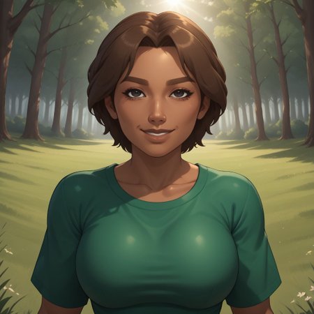 score_9, score_8, BREAK, solo, wii, mii, wii sports, 1girl, female mii, brown hair, black eyes, brown eyebrows, brown lips, lipstick, plump, dark skin, dark green clothing, black pants, shoes, nintendo mii, modern_mii, classic_mii, big breasts, Delilah_(Wii_Sports), sexy pose, smile, outdoors, sunlight, shadows, evening lighting, natural lighting, forest, trees, grass, orange sky, sunset