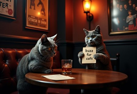 A grey cat at a nightclub, sitting at a table in the corner, a whiskey, poster from catmovies at the wall, dark ,  another cat is holding a paper with the text „buzz for cats“