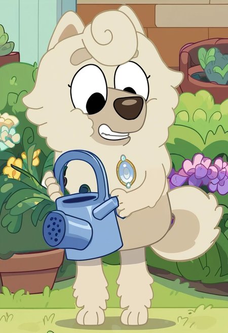 score_7_up, score_8_up, score_9, masterpiece,  high quality,
WendyBluey, female, furry female, solo, 1girl, adult, cartoon, anthro dog, dog ears, chow chow, beige fur, black eyes, 
front hair curl, silver brooch, brown nose, dog tail, 
smiling, teeth, lowered eyelids, holding watering can, watering flowers,
standing, full body view, full body