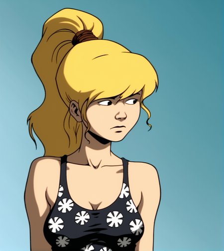 score_9, score_8_up, score_7_up,
1girl, solo, JulieWinters, 
 upper body, black tank top, floral shirt, ponytail, medium breasts, 
looking to side, gradient background, cartoon, source_cartoon, 1990s_(style)
<lora:Julie_Winters:1>