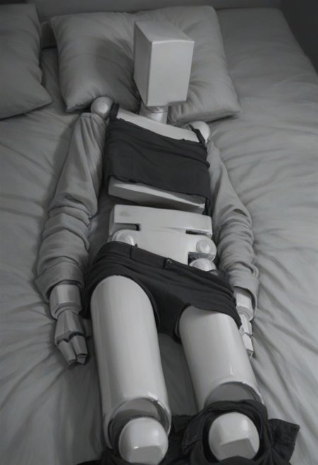 score_9, score_8_up, score_7_up, score_6_up,  highly detailed, realistic, cyberpunk,  BoxPerson, monochrome, greyscale, no humans, robot, mecha, humanoid robot, undressing, clothes lying around