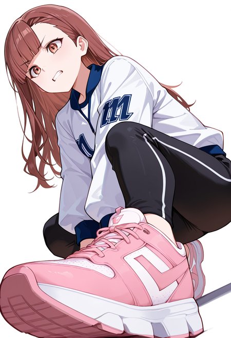 masterpiece,high quality details, absurdres,
 <lora:Nagisa_Satou:0.8>
nagisa_cnr, 1girl, brown hair, long hair, blunt bangs, asymmetrical bangs, brown eyes, 
sportswear, white shirt, white jacket, long sleeves, black pants, pink  sneakers,, simple background, white background, dutch angle,solo,, crazy,clenched teeth,