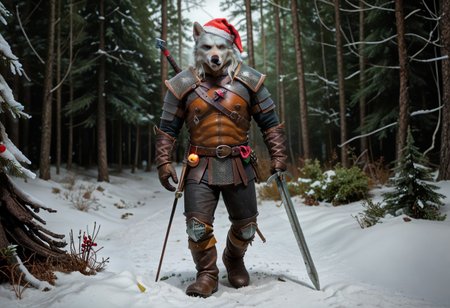Geralt, solo, (as a white wolf), w1tch3r, (wearing a christmas hat), 
in a snow forest, christmas tree in the background, 
(fluffy_new_year, merry_furistmas), 
looking at the camera, grim, 
sfw