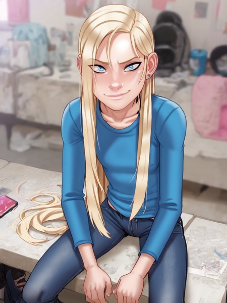 score_9, score_8_up, score_7_up,  score_6_up, BREAK, LilLily, solo, long hair, blue eyes, blonde hair, blue shirt, long shirt, jeans, looking at viewer, <lora:Lily:1>