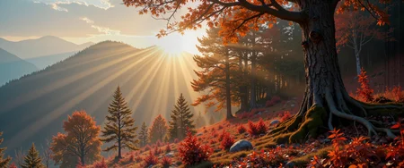 ultra-high-resolution, 8k, 4k, highly detailed, dreamlike landscape photography in the style of janek sedlÃ¡Å , a remote canadian ridgeline bathed in peak autumn color, the sweeping landscape wide and cinematic, vivid maple trees in deep crimson and fiery orange, their branches leaning into a soft, rising fog, in the foreground, the golden underbrush and maple seedlings glow under angled morning sunlight, layers of fallen maple leaves shimmer with dew, while the mist coils up from a hidden valley, wrapping the lower trees in a silvery veil. the sun hangs low, veiled behind the fog as a faint glowing disc, casting angled shafts of light through the mist, forming pockets of brilliance and deepening shadows across the ridge. rembrandt-style light reveals contrasts in the terrainâwarm illuminated tufts of brush and bark give way to cool, ink-dark recesses between tree trunks, with beams filtering through the maple canopy like stage lighting. a solitary, twisted maple stands near the slopeâs crest, its silhouette carved from gold and shadow, its leaves aflame in the morning light. wide shot, low perspective to emphasize the depth of the forest and the verticality of the light beams, negative space filled with mist to accentuate the tree forms. natural golden light with dramatic contrast and strong directional shafts, atmospheric diffusion from the fog enhances volumetric lighting and layered depth. shot on medium format digital with a leica s3, 120mm equivalent lens, rich tonal palette favoring reds, ambers, and golden highlights, rembrandt-inspired composition and lighting balance for a timeless, painterly mood,ovg, rembrandt lighting style, aidmafluxpro1.1, <lora:style-rembrandt_lighting-xl-by_vantablackdark:0.68> <lora:flux_pro1.1_detailer-v0.3-flux-by_aidma:0.68>