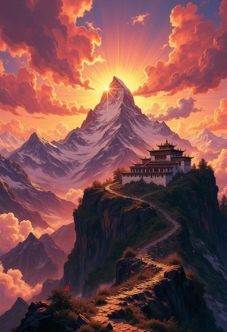 Sacred peak sunset, Tibetan monastery silhouetted against a transcendent Himalayan backdrop. Dramatic spectrum from magenta to gold, Prayer flags flutter along mountain ridges, catching last rays through high-altitude cirrus clouds. Volumetric lighting enhances the spiritual ambiance as incense smoke rises, interacting with crepuscular rays. Cinematic perspective captures both immense scale and intimate detail. Hyperrealistic rendering with perfect exposure balance between radiant sky and shadow details. Isolated prayer bells catch golden highlights against rich turquoise shadows. 8K, ultra-detailed, extreme dynamic range, photorealistic with deeply saturated color transition.
