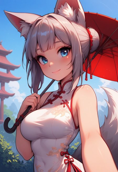 high detail, Smooth, sharp lines, score_9_up, score_8_up, uncensored, detailed, masterpiece, super cute style, 1girl, solo, breasts, looking at viewer, blush, smile, bangs, blue eyes, dress, holding, animal ears, bare shoulders, medium breasts, closed mouth, upper body, grey hair, outdoors, sleeveless, day, white dress, blurry, red ribbon, animal ear fluff, fox ears, sleeveless dress, depth of field, umbrella, chinese clothes, china dress, holding umbrella, selfie, oil-paper umbrella