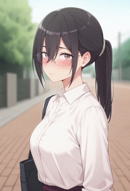 masterpiece,best quality,amazing quality, hanyu mayuri, long hair, black hair, brown eyes, 1girl, glasses, solo, ponytail, shirt, white shirt, hair between eyes, looking at viewer, bag, outdoors, blush, collared shirt, blurry background, blurry