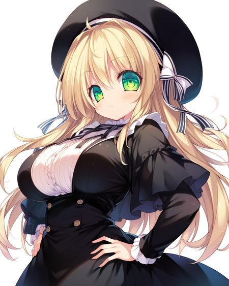 score_9,score_8,score_7_up,soure_anime,high res image,masterpiece,best quality,<lora:Kadoya Yaeka_v1:1>,1girl,green eyes,long hair,blonde hair,hat,solo,hand on own hip,hair intakes,looking at viewer,dress,breasts,blush,large breasts,kadoya yaeka,