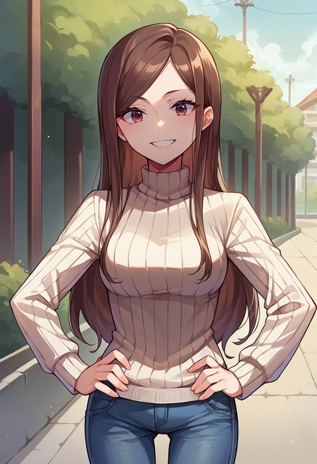 score_9, score_8_up, source_anime, 1girl, solo, DorothyPrinc, long hair, outdoors, sweater, ribbed sweater, jeans, hands on hips, smile, <lora:ChamDorothyPPPonyXL:1>