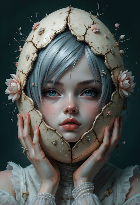 cinna flow, Ornate egg-shaped headpiece, face partially visible through cracked egg shell. Detailed, delicate lace-like patterns and embellishments encircle and decorate the egg-shaped head. Pale skin with light blue eyes, detailed eyelashes and subtle blush. Small, delicate, almost doll-like facial features. Pale-toned lips, serene expression. Pale, light grayish-blue hair, styled intricately with embellishments. Soft, pastel colors, with accents of cool gray and blue. The cracked-egg shell is a light beige color, with intricate details and textures. Delicate pearl-like embellishments and ornate designs incorporated in the shell. Hands gently hold the egg-shaped head. Dark gray background, evoking a dreamlike and ethereal atmosphere. Gothic, surreal art style. Perspective is close-up, focusing on the detailed features and textures. Intricate, detailed decorations on the egg add depth and visual interest. Mood is contemplative and mysterious, with a soft, melancholy tone.